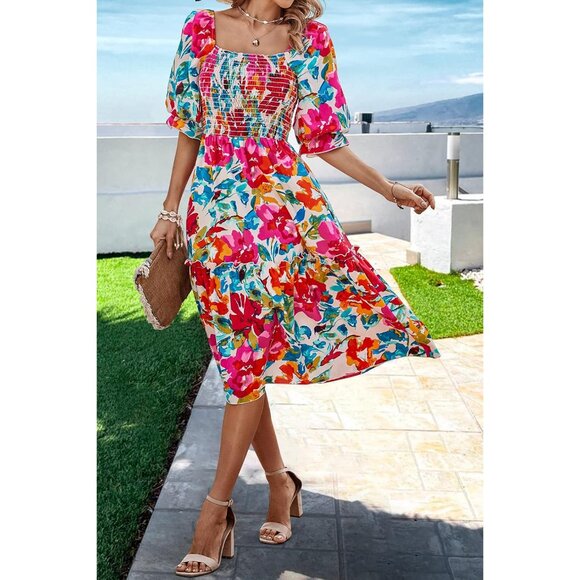 Women's Floral Summer Dress Polyester Puff Sleeve Square Neck Casual Midi - Picture 3 of 6